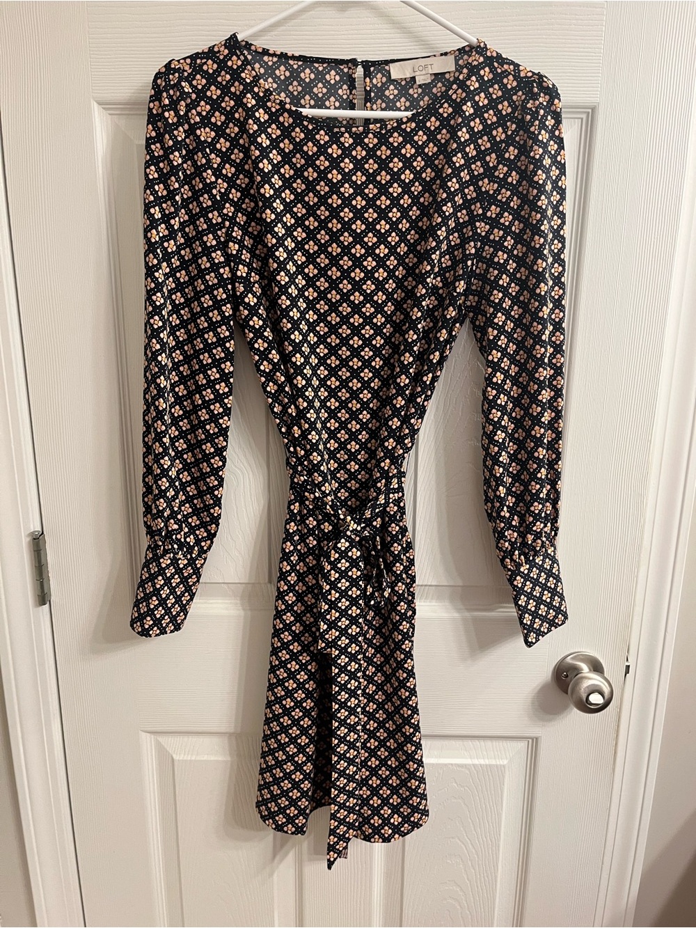 LOFT Navy Floral Tie-Waist Long Sleeve Dress